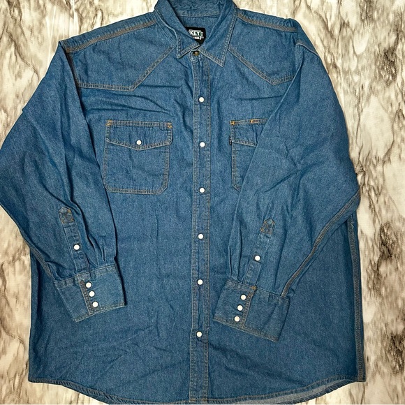 Key Denim Mens Sz 2XL Blue Jeans Long Sleeve Western Pearl Snap Two Pocket Shirt - Picture 2 of 8
